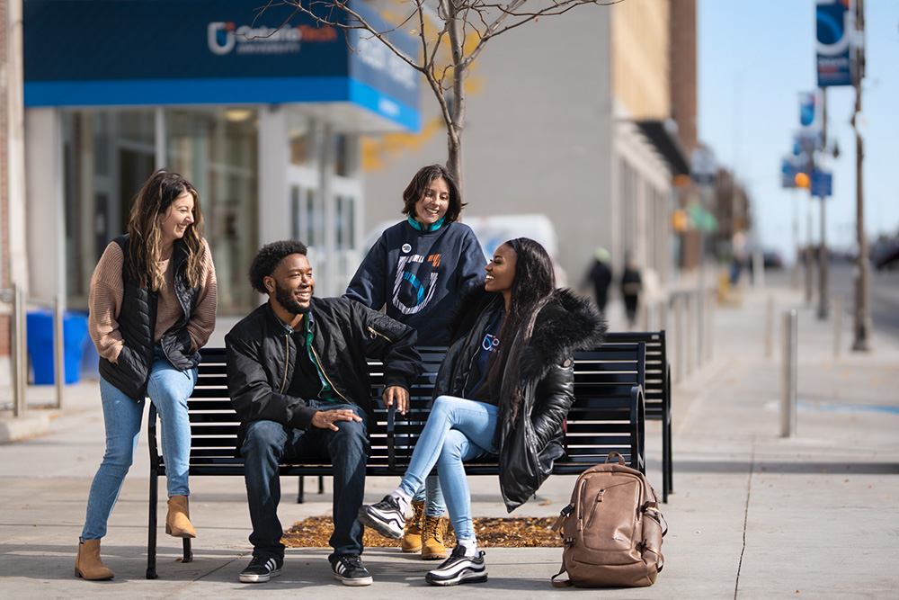 Students outside the Regent Theatre at Ontario Tech University