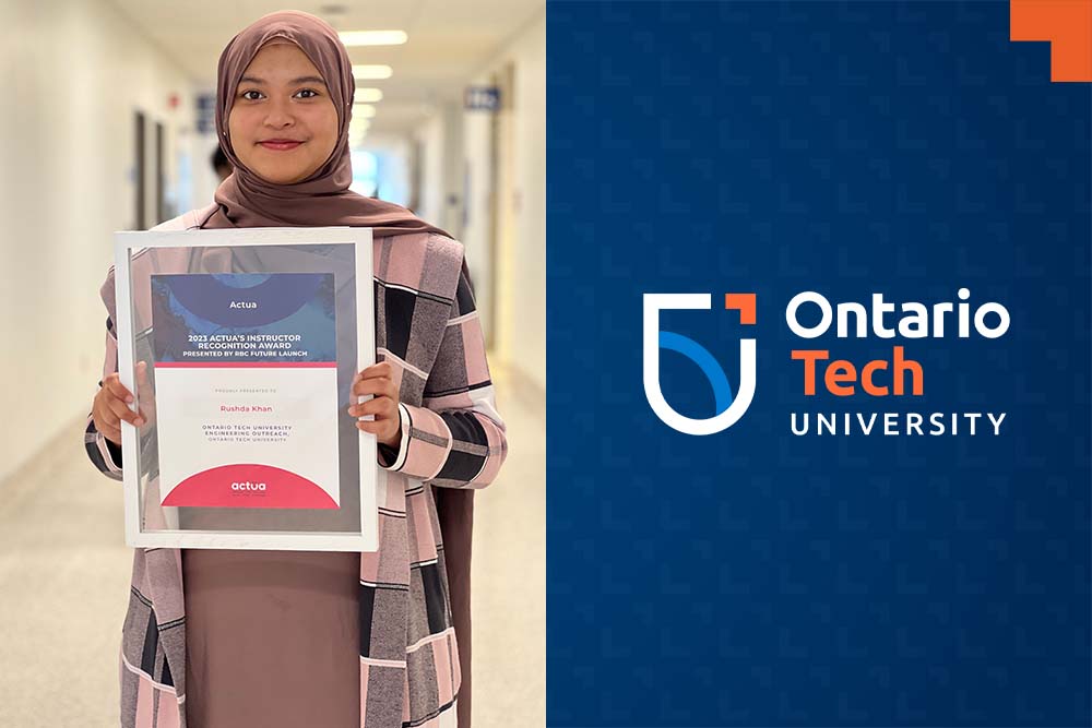 Rushda Khan, second-year Software Engineering student, Ontario Tech University displays her 2023 Actua Instructor Recognition Award.