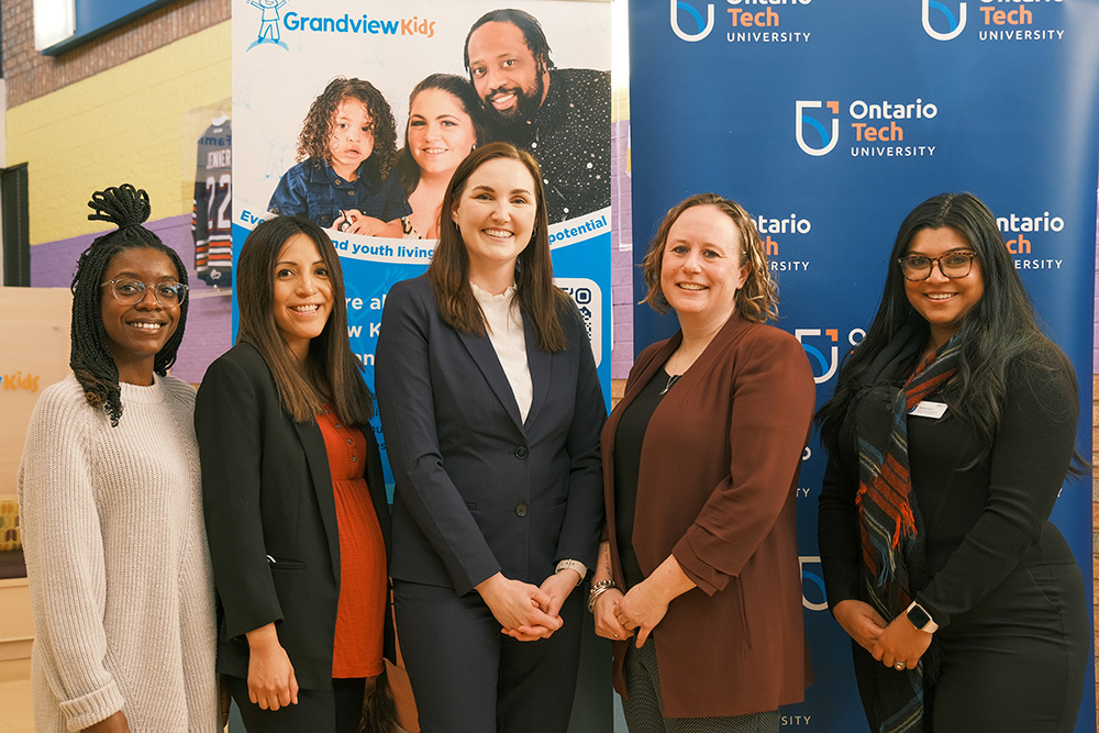 From left: Janicka Auguste, Research Assistant, Grandview Kids; Maritza Basaran, Research Co-ordinator and Knowledge Broker, Grandview Kids; Dr. Taryn Eickmeier, Executive Lead, Research, Innovation and Knowledge Mobilization, Grandview Kids; Dr. Meghann Lloyd, Associate Professor, Faculty of Health Sciences, Ontario Tech; Dr. Danielle Saney, Manager, Research Partnerships, Ontario Tech.